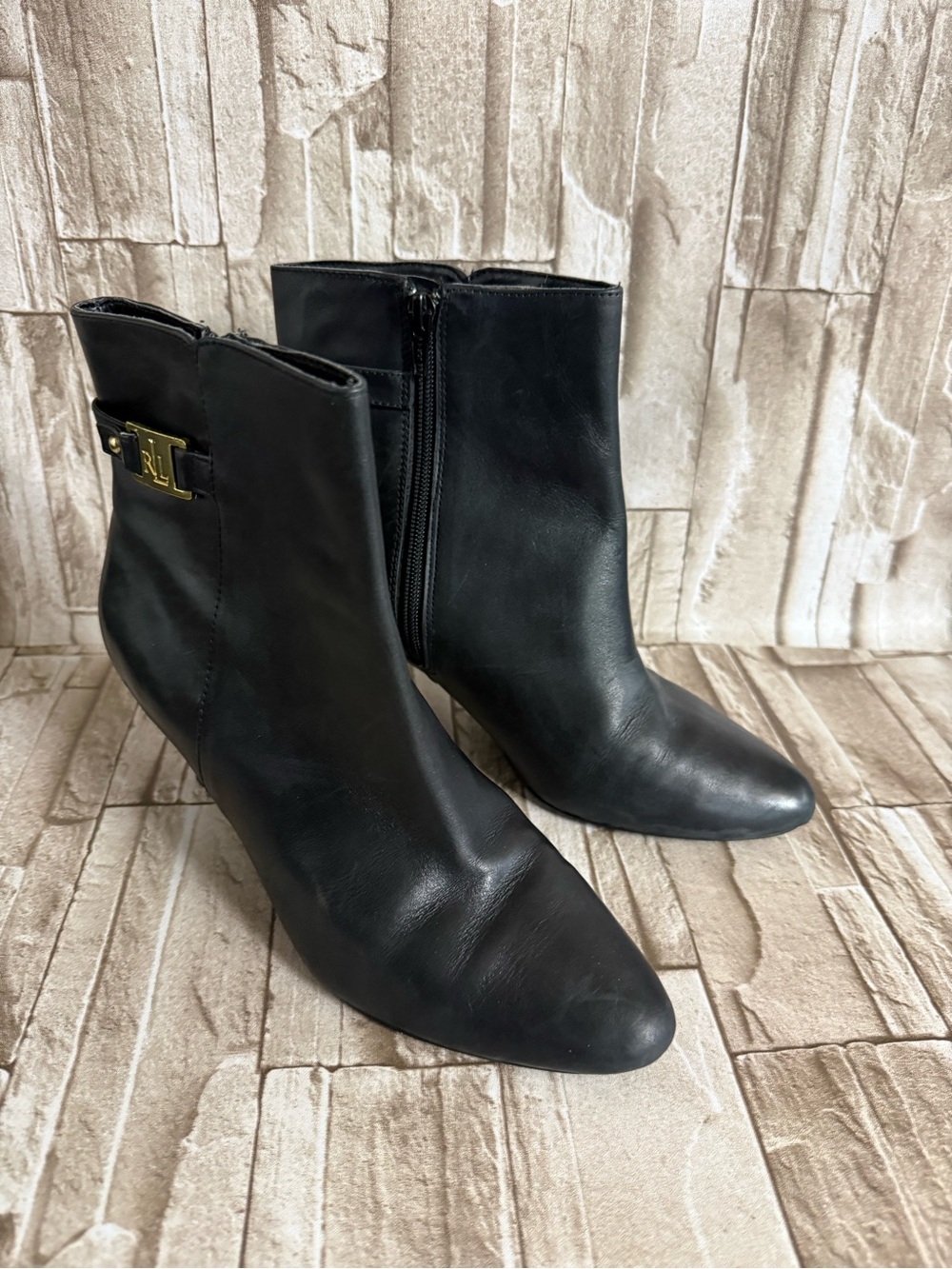 Ralph Lauren Black Leather rounded-Toe Ankle Booties with Gold RL Accent